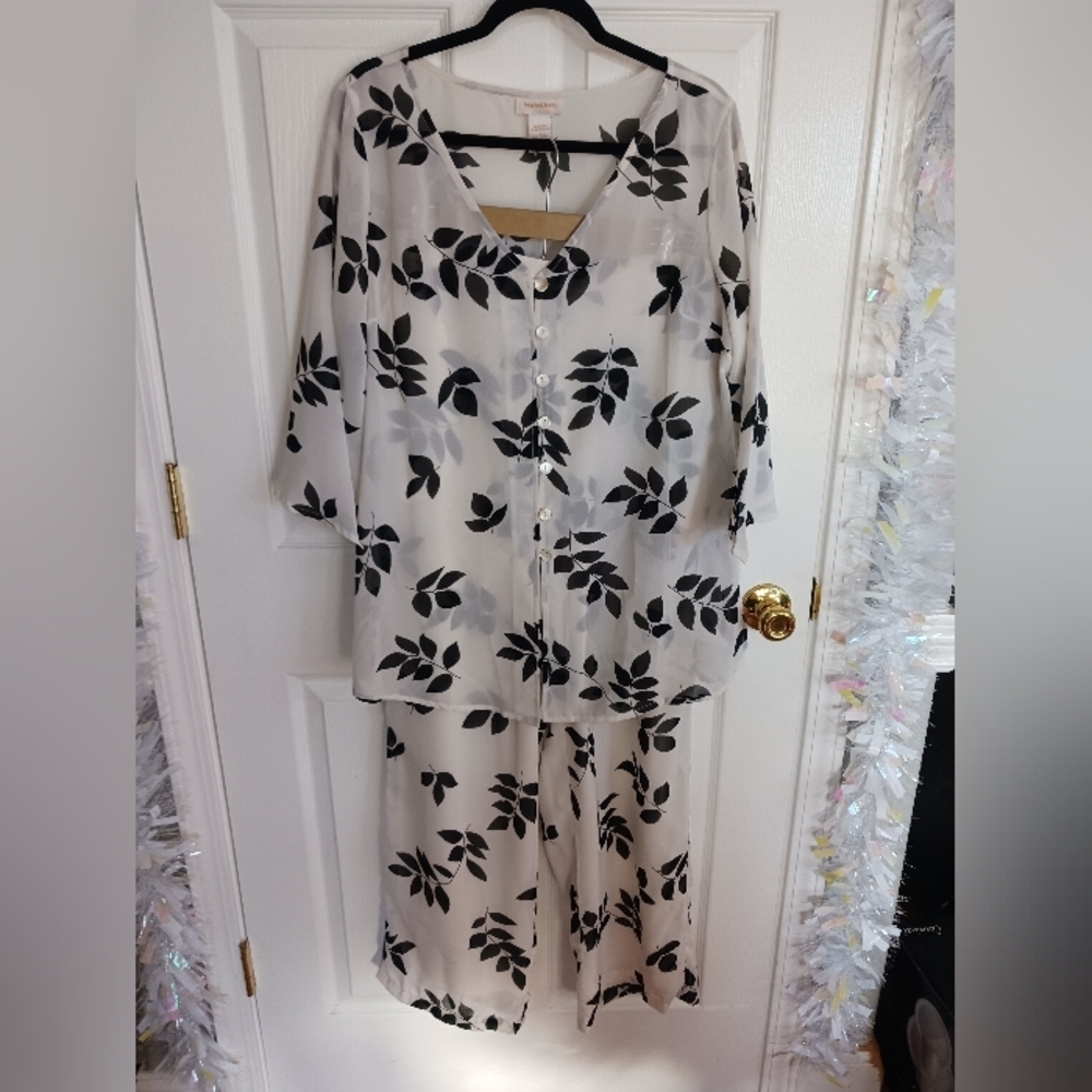 Women's Monroe & Main Sheer White/Black Pants Set Size L lightweight boho cruise